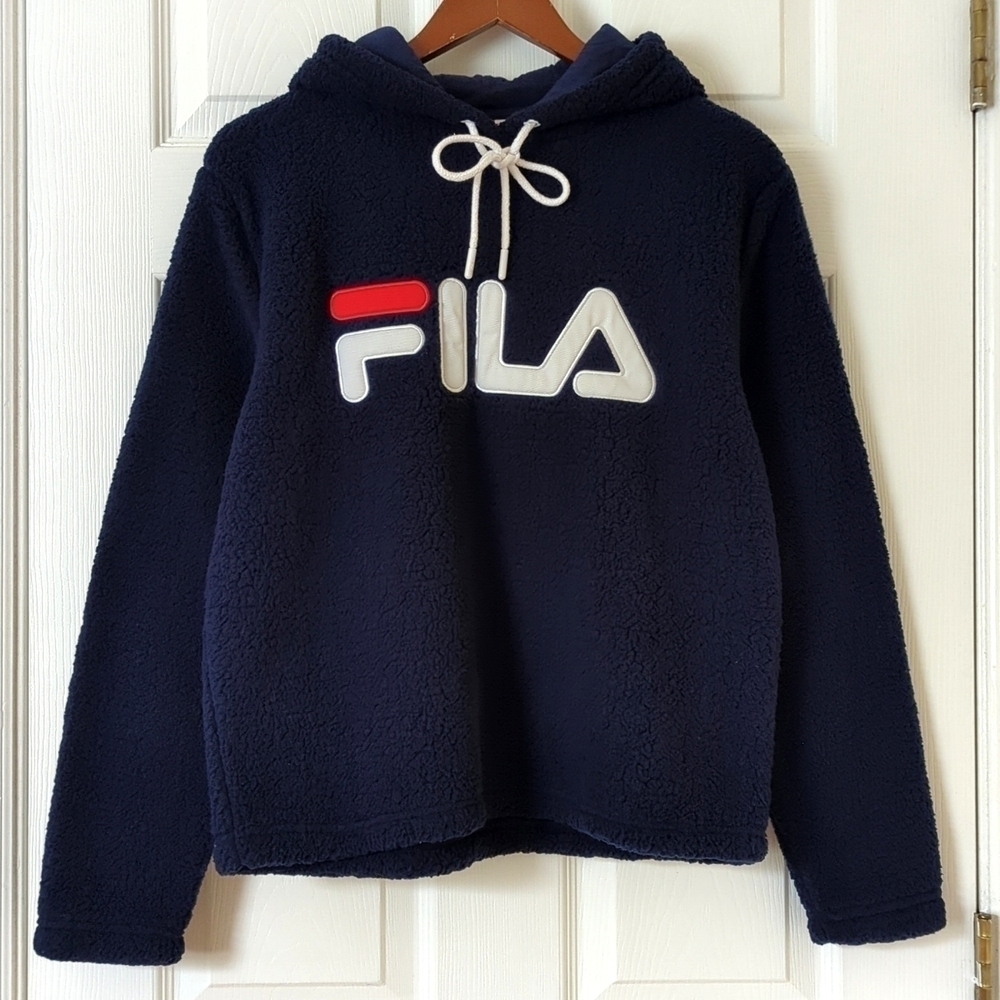 Fila Caroline Logo Embroidered Fuzzy Sherpa Hoodie Pullover Sweatshirt Navy S